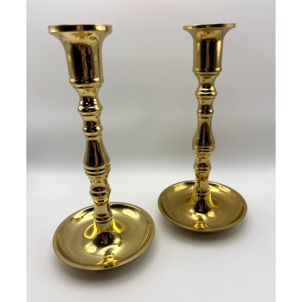 Vintage Valsan Brass Candlesticks 7.5" With Drip Tray Made In Portugal 1970s
